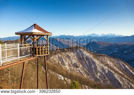 Wooden Pavilion With Scenery Mountains View, Caucasus.