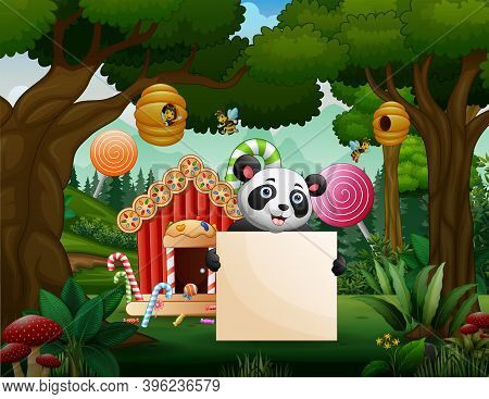 Happy Panda Holding Blank Sign In The Forest