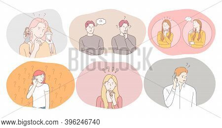 Doubt, Difficult Choice, Inner Question Concept. Young Frustrated People Trying To Choose Between Di
