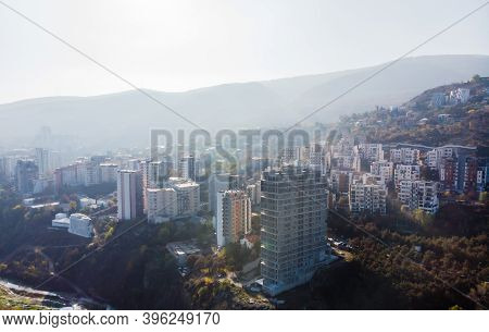 Panoramic Aerial View To Vake District New Real Estate Block House Buildings With Mountain The Backg