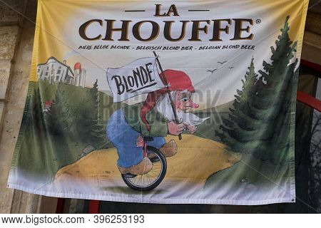 Bordeaux , Aquitaine / France - 11 11 2020 : La Chouffe Logo And Sign On Flag Of Belgium Blonde Beer