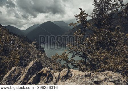 Beautiful Mountain Landscape With Clouds At Lake Ritsa