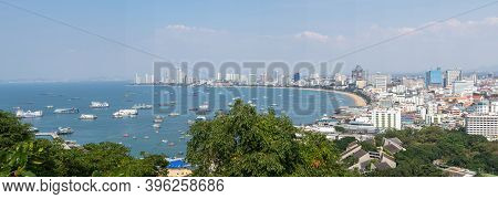 Panorama Cityscape Image Of Pattaya City From Pratumnak Hill Viewpoint, Chonburi, Thailand.