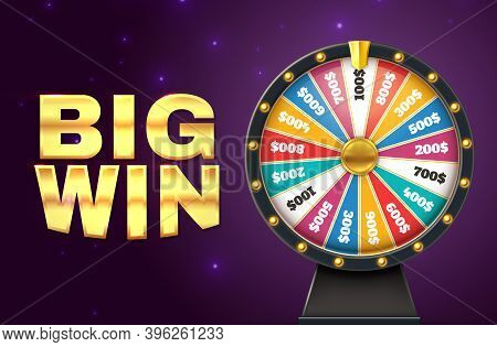 Big Win Banner. Realistic Colorful Lottery Wheel. Twisting Circle For Raffling Prizes On Starry Back