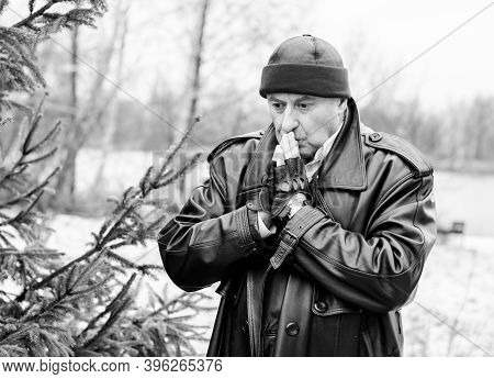 Senior Man In Grief And Sorrow. The Concept Of A Depressed Older Man, The Non-acceptance Of Oneself 
