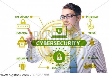 Cybersecurity concept with businessman pressing button