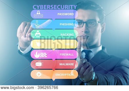Cybersecurity concept with businessman pressing button