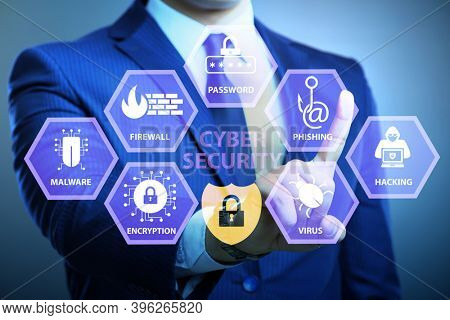 Cybersecurity concept with businessman pressing button