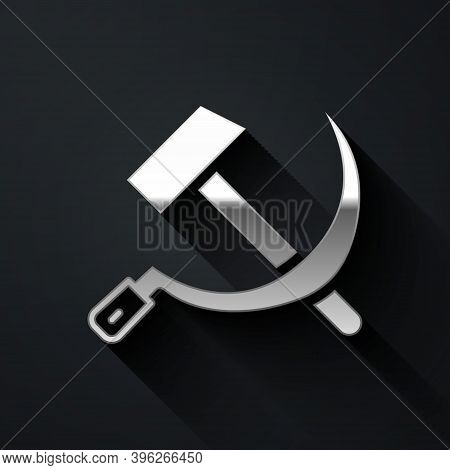 Silver Hammer And Sickle Ussr Icon Isolated On Black Background. Symbol Soviet Union. Long Shadow St