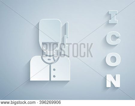 Paper Cut British Guardsman With Bearskin Hat Marching Icon Isolated On Grey Background. Paper Art S
