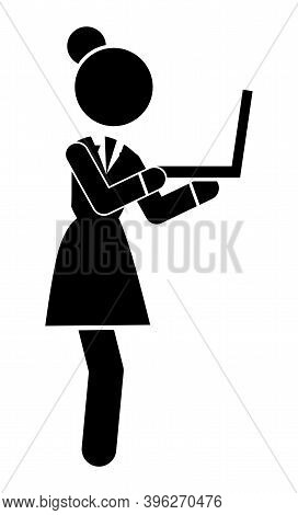 Business Woman Black Silhouette Side View. Female Office Worker Working On A Laptop Isolated On Whit