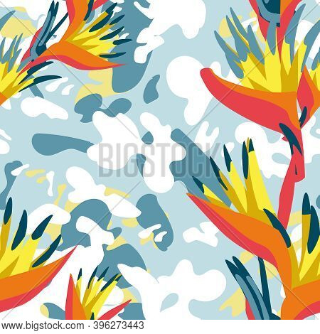 Exotic Heliconia Flowers And Leaves Pattern. Tropical Jungle Forest Garden Plants Repeating Print Fo
