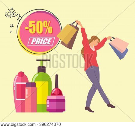 Fifty Percent Discount Announcement. Large Set Of Cosmetics On The Floor. Smiling Woman Is Standing 