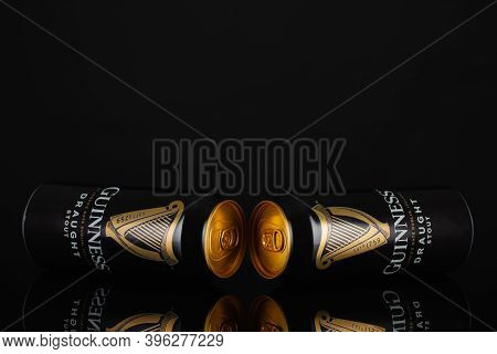 Prague,czech Republic - 12 November,2020:guinness Cans On The Black Background.guinness Is A Dark Ir