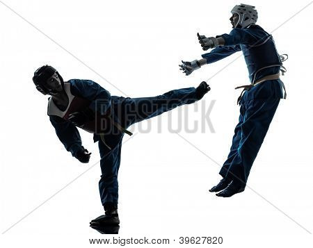 yksi causasian manman nainen pari käyttäessään karate vietvodao martial arts siluetti studio isol