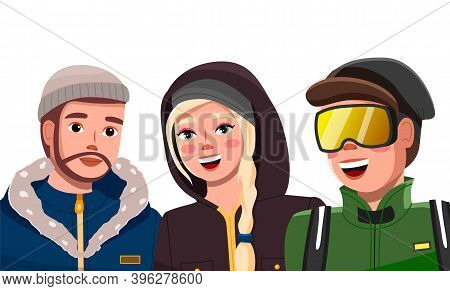 Three Happy Friends In Warm Clothes Isolated At White Background. Bearded Guy In Hat And Warm Jacket