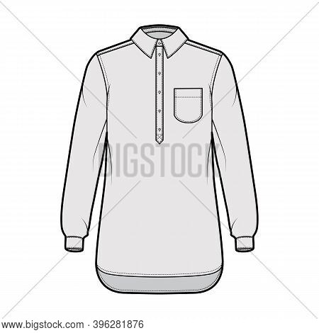 Shirt Pullover Technical Fashion Illustration With Rounded Pocket, Long Sleeves, Relax Fit, Half Pla