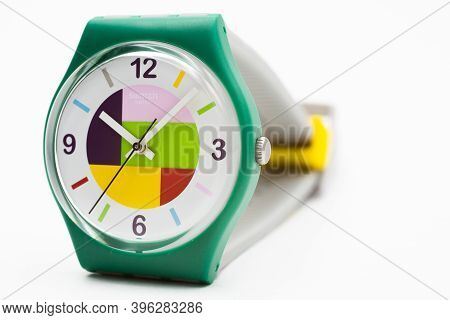 London, Gb 07.10.2020 - Swatch Cheapest Trendy Fashion Swiss Made Quartz Watch Isolated On White Bac