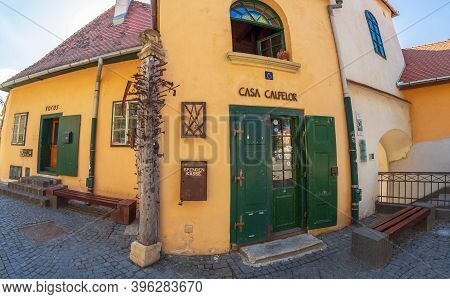 Sibiu, Transylvania, Romania - July 8, 2020: House Of Journeymen-casa Calfelor And The Journeymen Pi