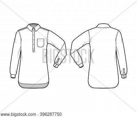 Shirt Pullover Technical Fashion Illustration With Rounded Pocket, Elbow Fold Long Sleeve, Oversized