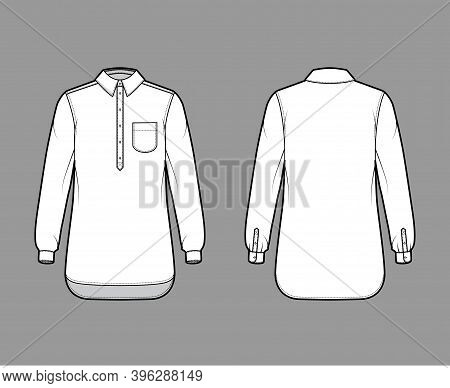 Shirt Pullover Technical Fashion Illustration With Rounded Pocket, Long Sleeves, Relax Fit, Half Pla