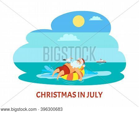 Christmas In July, Santa Claus On Life Buoy, Seagull Bird, Vector Cartoon Character Celebrating Holi