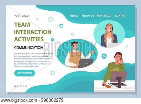 Landing Page Of Website. Team Interaction Activities, Communication. Colleagues With Headsets Talkin