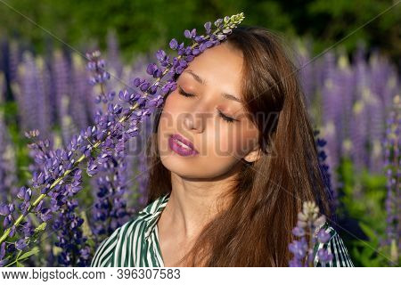 Gorgeous Beautiful Girl Eyes Closed Leaned Lupine Flower To Her Face On Blooming Meadow, Merging Wit