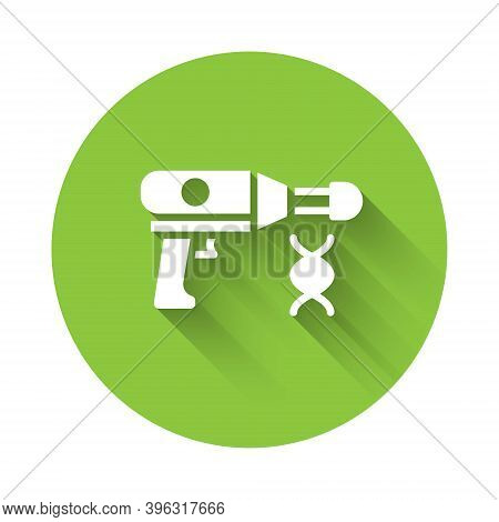 White Transfer Liquid Gun In Biological Laborator Icon Isolated With Long Shadow. Green Circle Butto