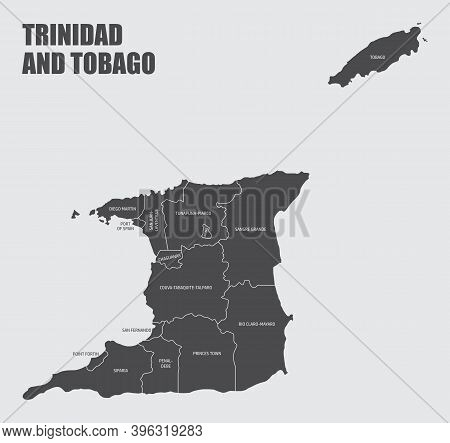Trinidad And Tobago Isolated Map Divided In States With Labels