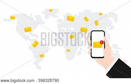 Hand Holding A Smartphone With Letter Icon On The Screen. E-mail Application On Mobile Phone, New Me
