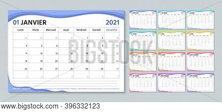 French 2021 Planner. Calendar Template. Week Starts Monday. Vector. Calender Layout With 12 Month. T