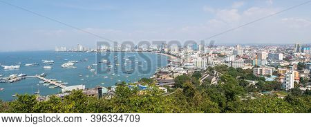 Panorama Cityscape Image Of Pattaya City From Pratumnak Hill Viewpoint, Chonburi, Thailand.