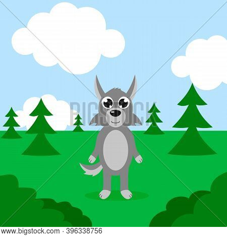 Happy Wolf In A Forest. Vector Cartoon Illustration. Isolated. Cute Character.