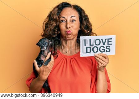 Middle age hispanic woman holding chihuahua dog and paper with i love dogs phrase puffing cheeks with funny face. mouth inflated with air, catching air. 
