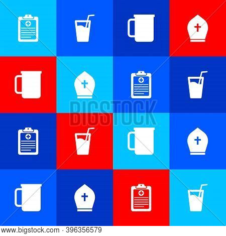 Set Clinical Record, Glass With Water, Coffee Cup And Pope Hat Icon. Vector