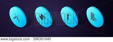 Set Isometric Mobile Apps Service, Wrench, Cd Or Dvd Disk And Crossed Screwdrivers Icon. Vector