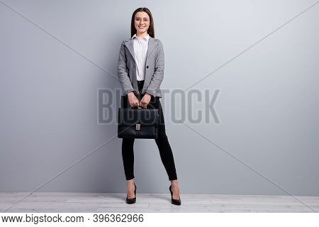Full Body Photo Of Attractive Business Lady Beaming Smiling Worker Young Promoted Chief Hold Diploma