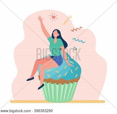 Happy Woman Enjoying Dessert. Cheerful Girl Sitting On Cupcake Flat Vector Illustration. Bakery, Pas