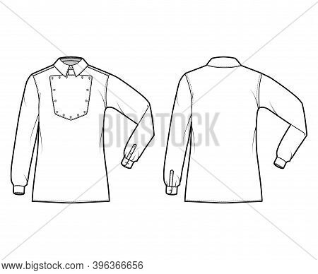 Shirt Cavalry Officer Technical Fashion Illustration With Bib, Elbow Fold Long Sleeves, Relax Fit, C