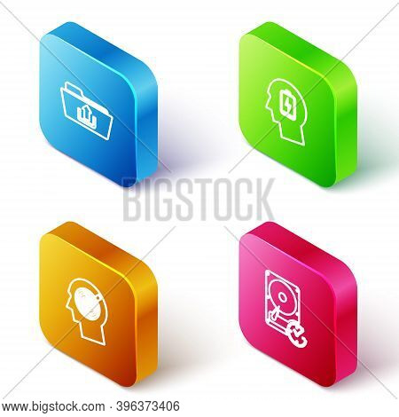 Set Isometric Line Folder Upload, Head With Low Battery, Hunting Concept And Hard Disk Drive Clockwi