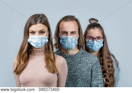 Group Of People With Protective Masks. Crowd Of People Wearing Medical Masks. Coronavirus Epidemic C