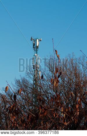 Cell Phone Tower. Wireless Mobile Antenna. Network Communication Radio Telecom Station. 5g Telecommu
