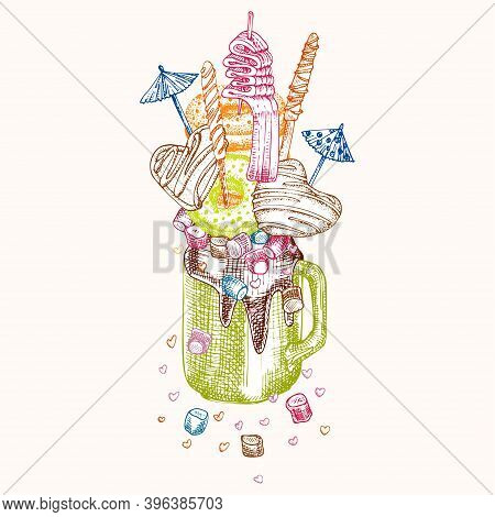 Monster Shake Dessert, Isolated Background. Hand Drawn Color Line Art, Sketch Style Chocolate, Donut