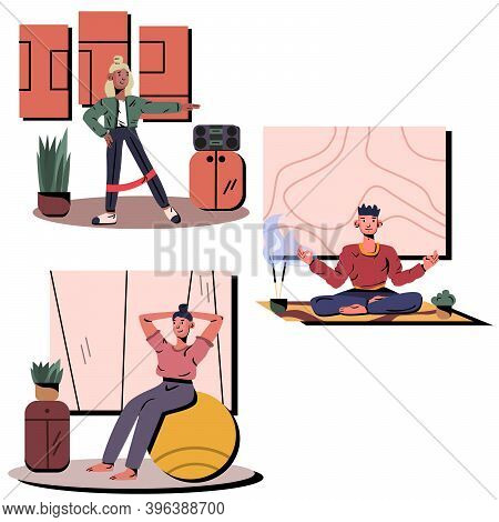 Set Of Man And Womans Practicing Stretching And Fitness At Home Set. Man In Lotus Position Doing Yog