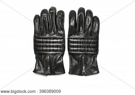 Black Classic Leather Mens Gloves On White Isolated Background Top View. Stylish Fashionable Winter 