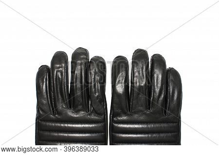 Black Classic Leather Mens Gloves On White Isolated Background Top View. Stylish Fashionable Winter 