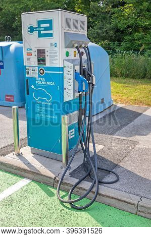 Otocec, Slovenia - June 12, 2019: Fast Charger For Electric Vehicles At Petrol Station Near Otocec, 