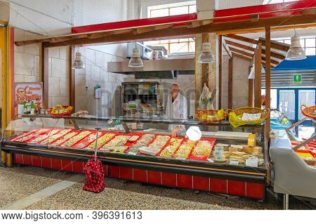 Como, Italy - June 15, 2019: Fresh Pasta Stall At Indoor Farmers Market In Como, Italy.