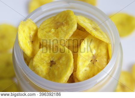 A Jar Full Of Dried Banana Chips A Delicacy Of South Indian States Healthy Sweet Snack, Crispy Dehyd